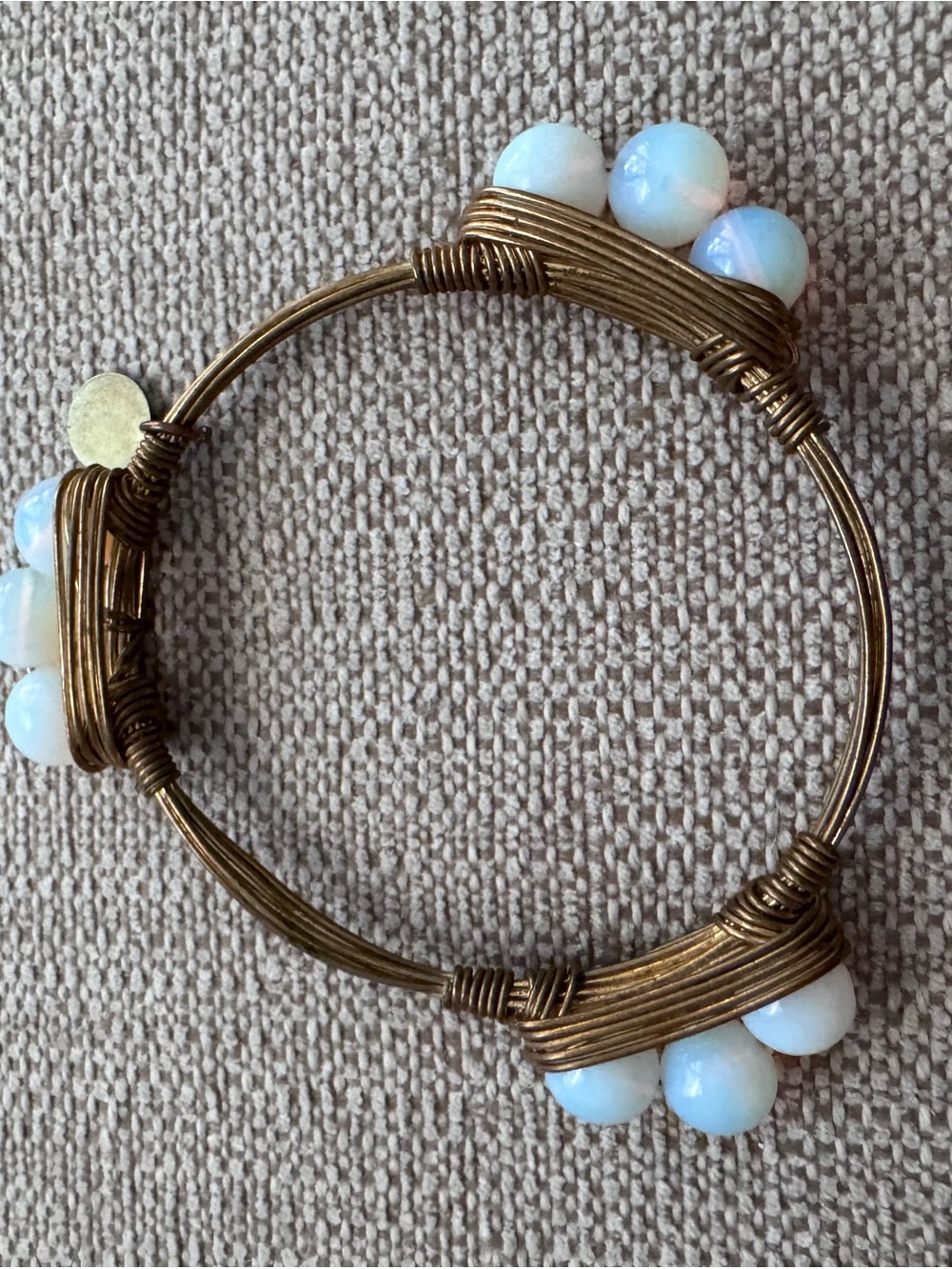Opalite Bead Wire-Wrapped Bangle Bracelet - Bronze Tone